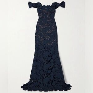 OSCAR DE LA RENTA Off-the-shoulder guipure lace gown Navy Floral Maxi Dress